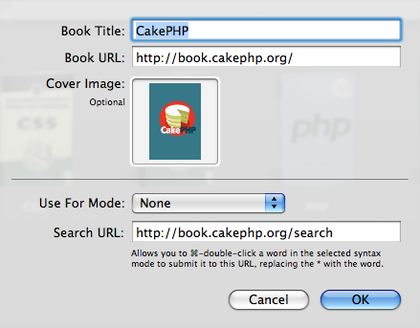Screenshot of CakePHP Book settings